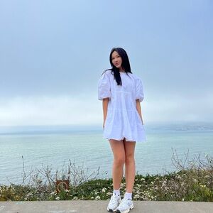 OAK + FORT White over size mini puff sleeve dress in size xxs